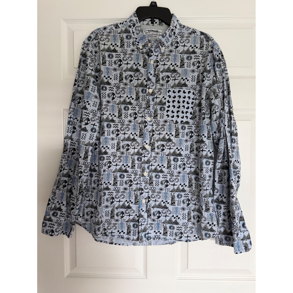 Desigual Mens XL Regular Fit Long Sleeve Graphic Abstract Print Button Down
